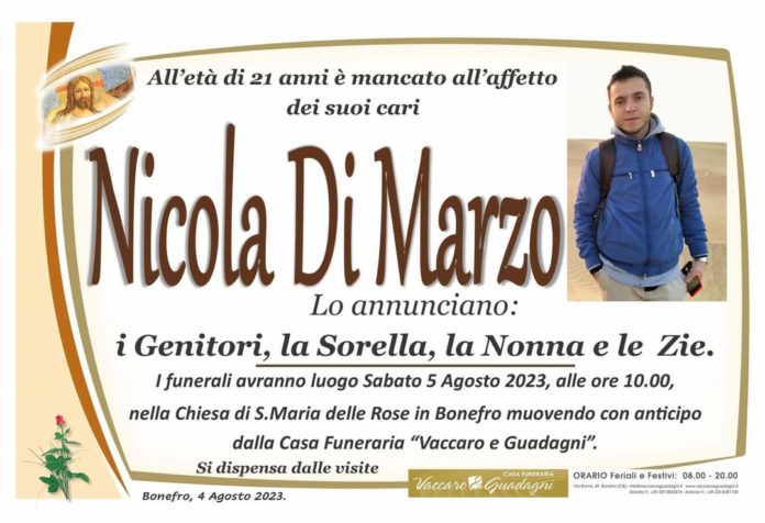 Bonefro piange per la morte del giovane Nicola: proclamato lutto cittadino