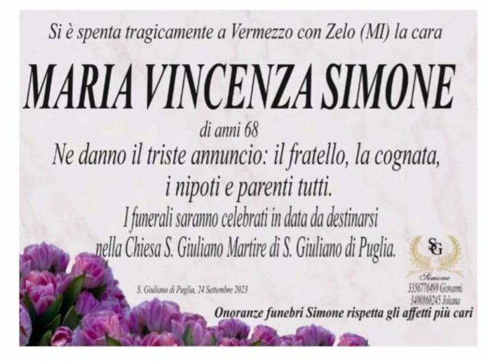 Travolta e uccisa da un’auto nel Milanese, San Giuliano di Puglia piange per Maria Vincenza Simone