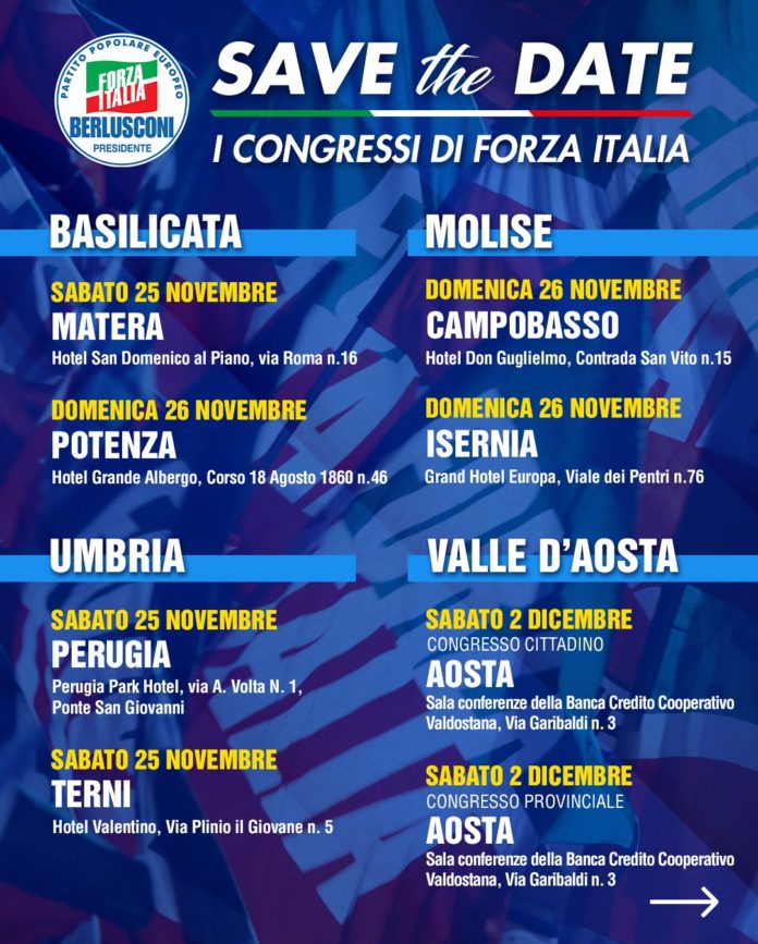 Forza Italia: nel fine settimana al via la stagione congressuale. Appuntamento anche a Campobasso e Isernia