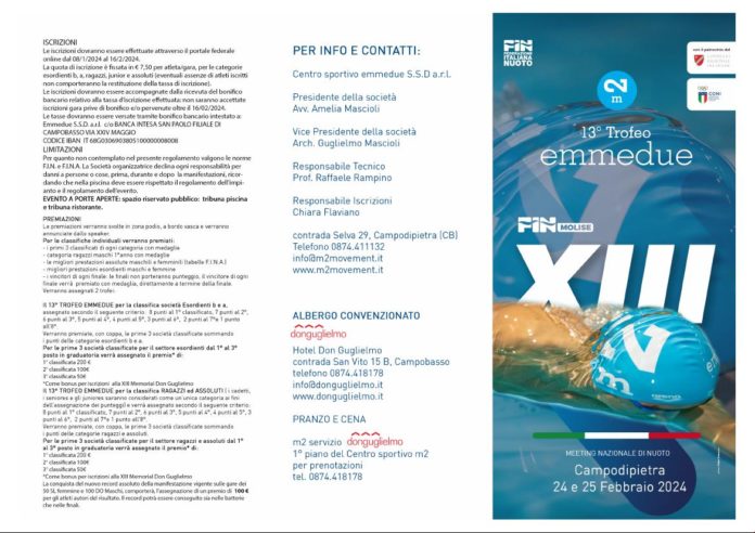 Nuoto, “XIII Trofeo Emmedue” meeting nazionale. 24-25 febbraio 2024 Centro Sportivo m2