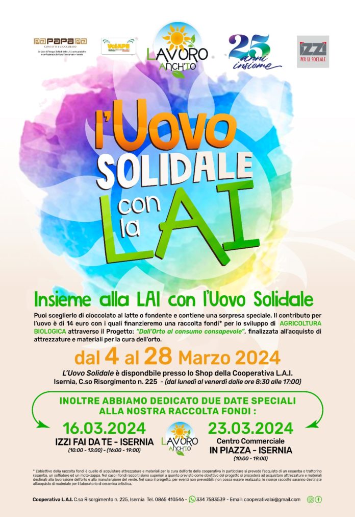 Pasqua solidale con l’uovo al cioccolato della Cooperativa Lai