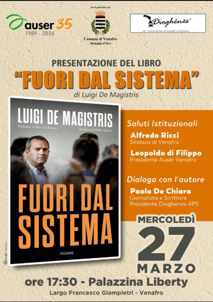 Venafro, Luigi De Magistris presenta il libro ‘Fuori dal sistema’