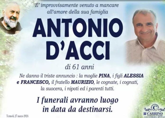 Oggi il rientro in Molise della salma di Antonio D’Acci, il 61enne macchinista eroe.