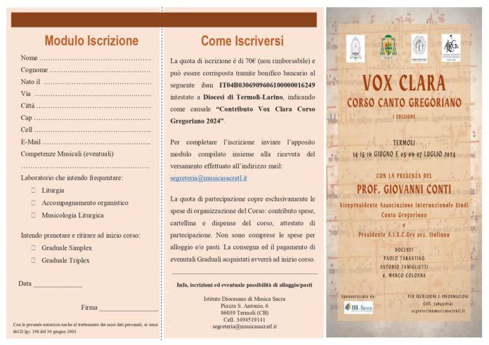 Primo corso di canto gregoriano, prorogate le iscrizioni al prossimo 8 giugno