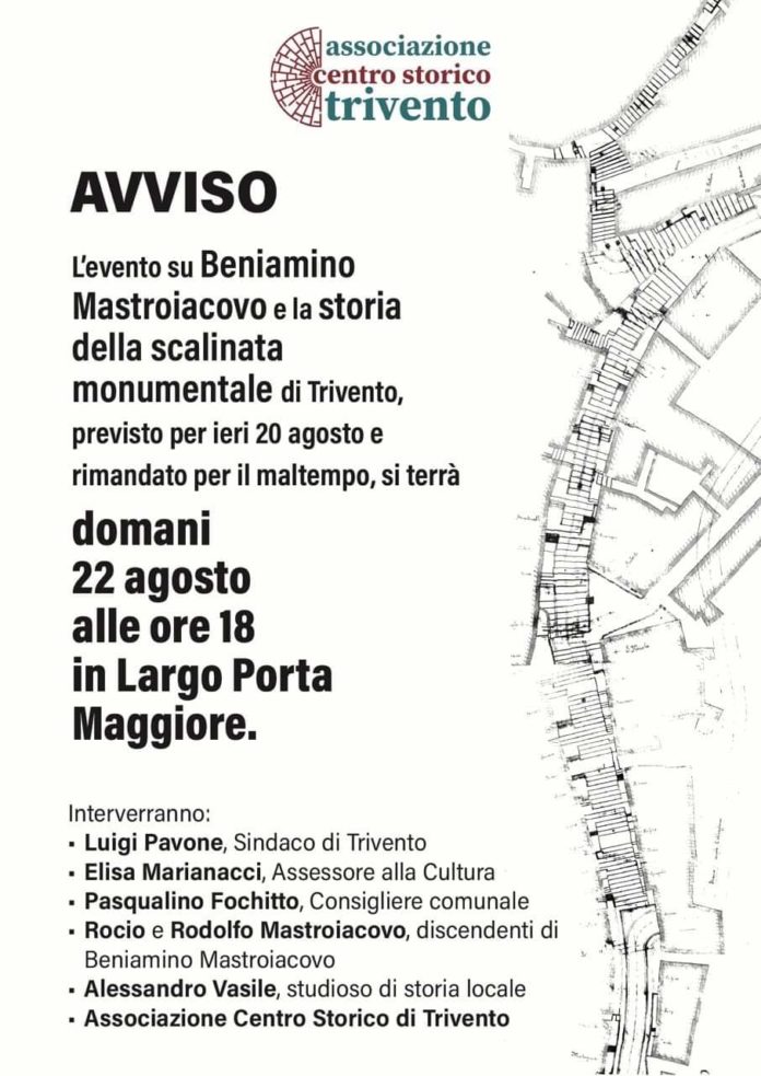 La storia sulla scalinata monumentale di Trivento, l’evento su Beniamino Mastroiacovo con lo studioso Alessandro Vasile