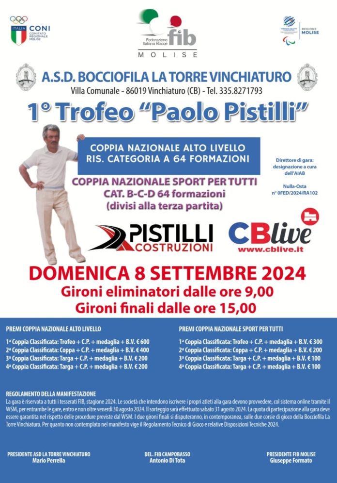 Bocce, al via il Trofeo ‘Paolo Pistilli’ organizzato dall’ASD Bocciofila La Torre Vinchiaturo.