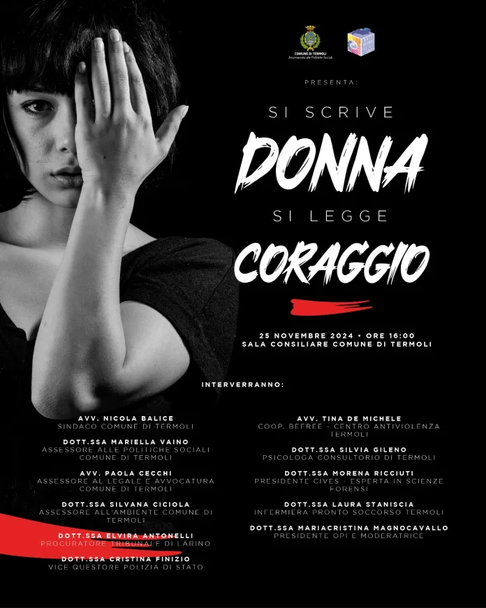 “SI SCRIVE DONNA SI LEGGE CORAGGIO” IL 25 NOVEMBRE IL CONVEGNO IN SALA CONSILIARE A TERMOLI