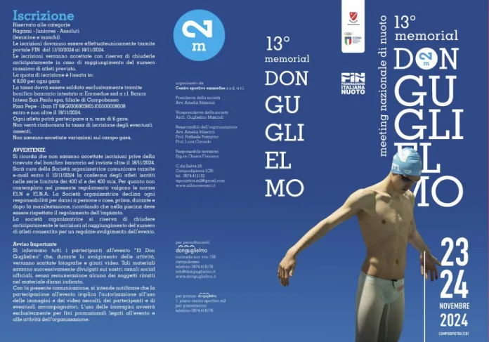 Nuoto, 13° memorial Don Guglielmo. Campodipietra 23-24 novembre 2024
