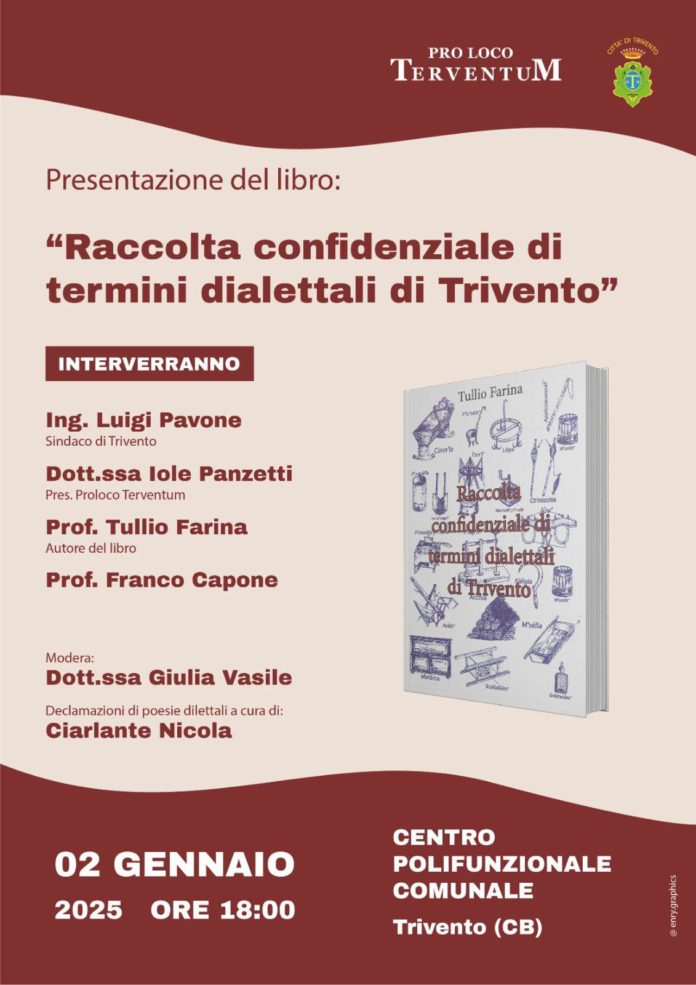 “Raccolta confidenziale di termini dialettali di Trivento”, la presentazione del libro del professor Tullio Farina