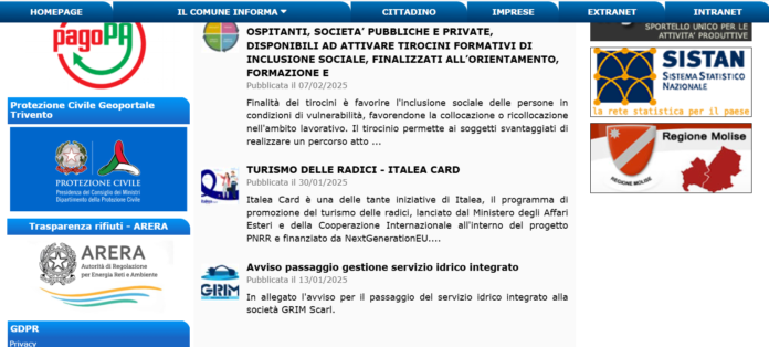 Piano di Protezione civile comunale sulla home page del sito internet istituzionale di Trivento