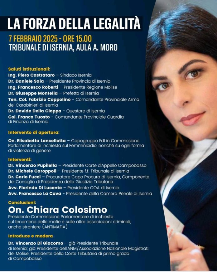 ‘La forza della legalità’, l’incontro al Tribunale di Isernia con Chiara Colosimo forza legalità