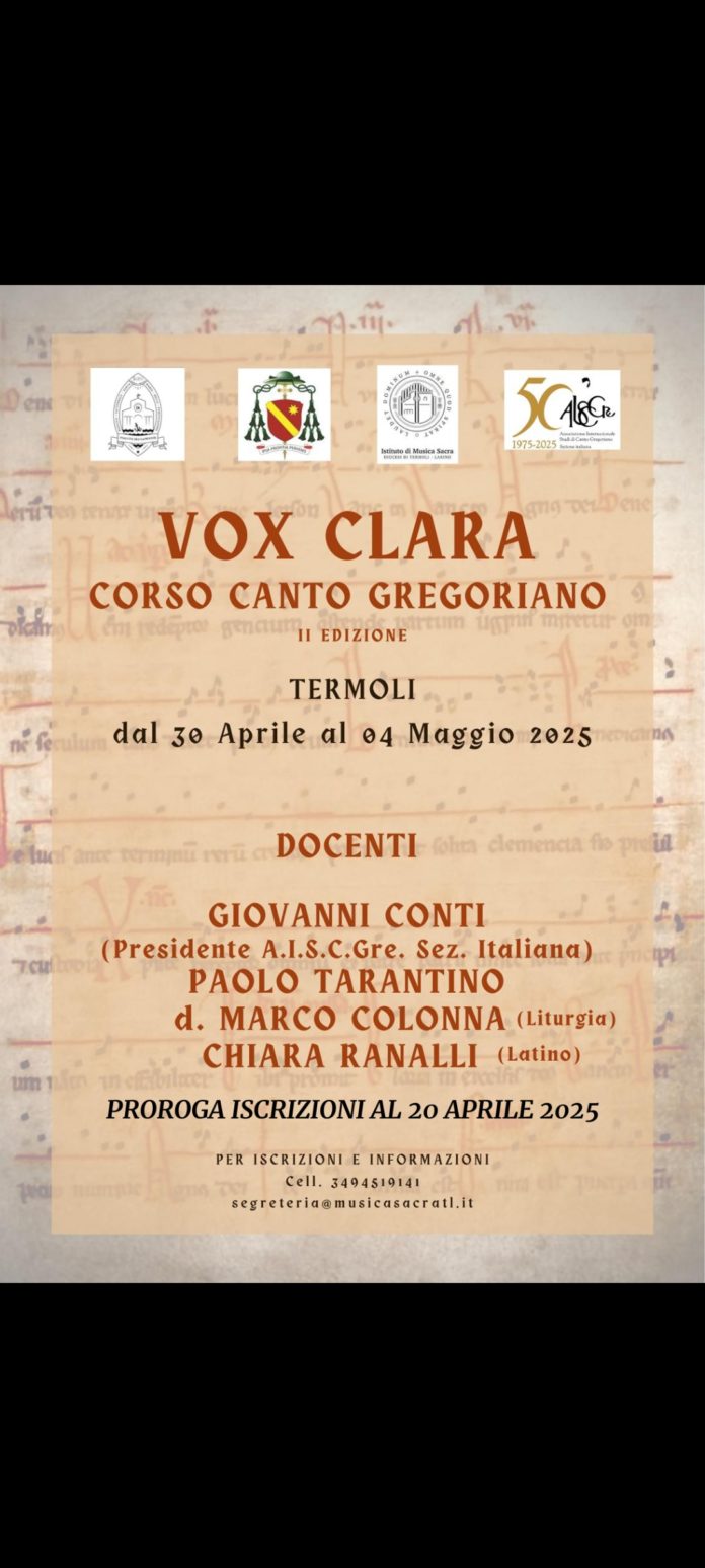 Termoli: corso di canto gregoriano, proroga iscrizioni al 20 aprile prossimo
