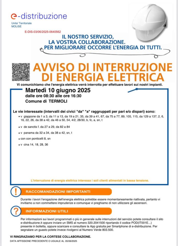 Termoli: interruzione dell’energia elettrica, avviso dell’Enel