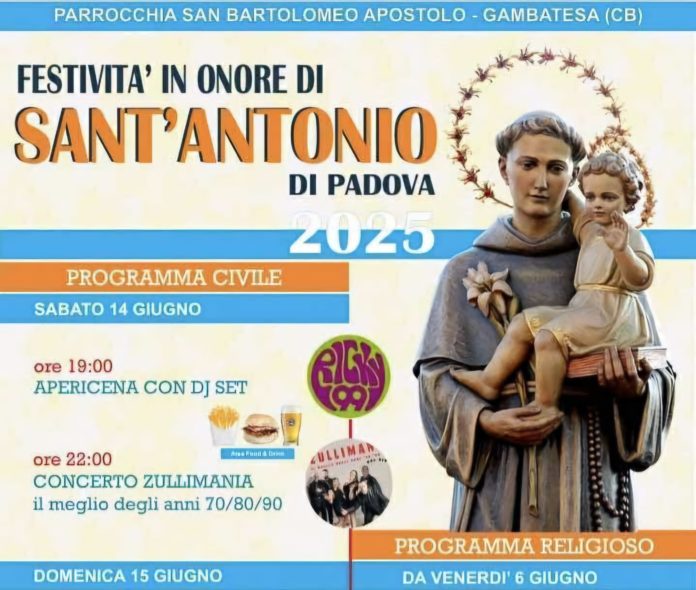 Gambatesa, la Parrocchia e il Comitato organizzano la festa di Sant’Antonio di Padova 2025