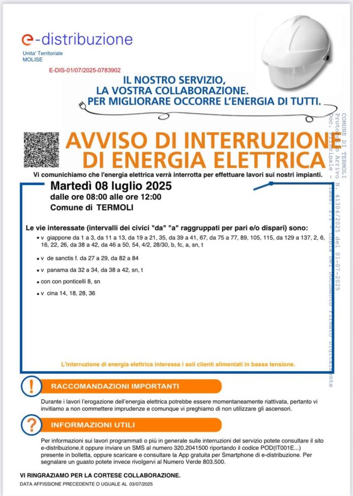 Termoli: interruzione di energia elettrica in alcuni quartieri,per domani 8 luglio
