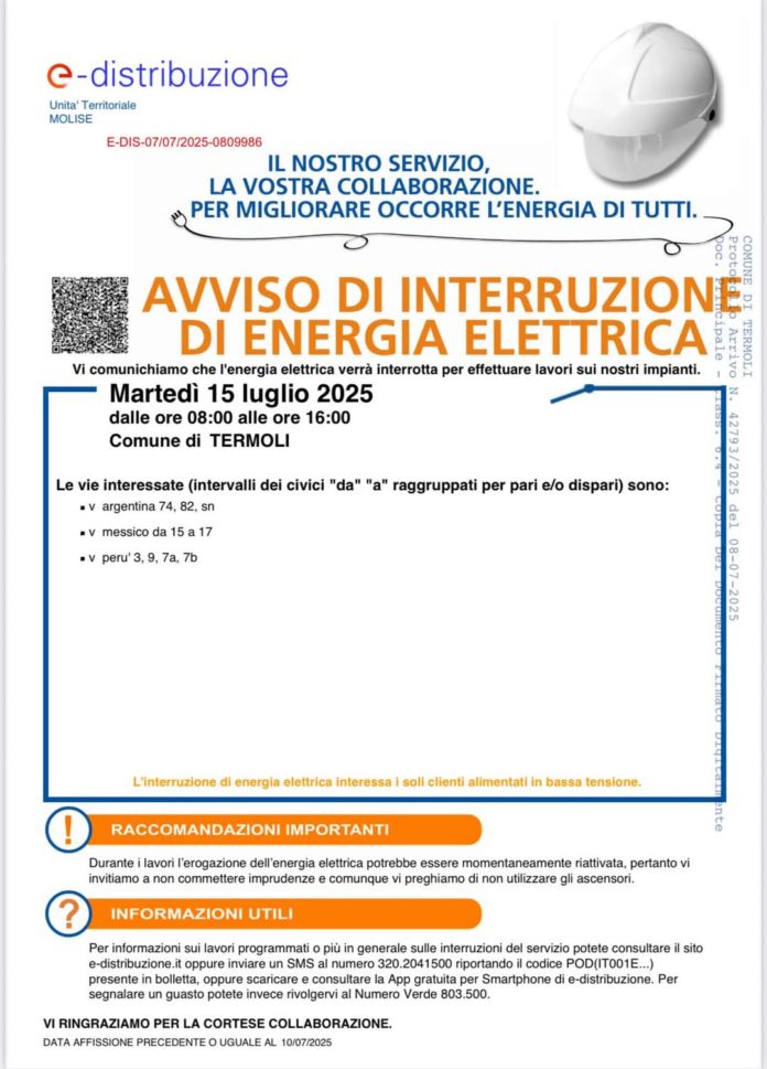 Termoli: interruzione dell’energia elettrica in alcune zone della città