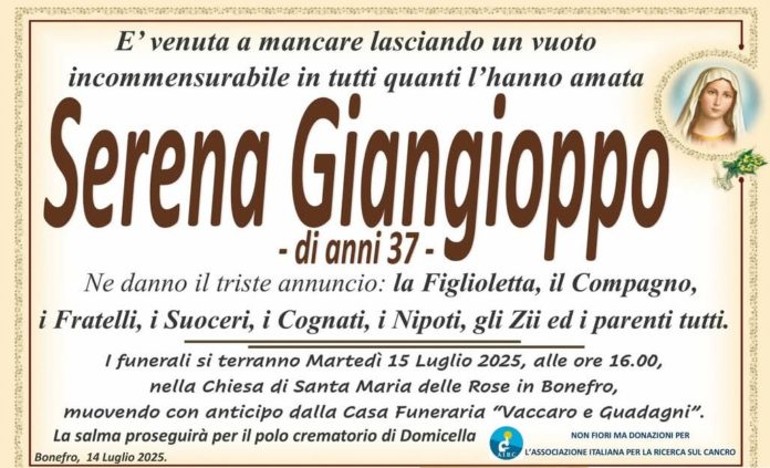 Bonefro: domani l’ultimo saluto a Serena Giancioppo, nella chiesa di Santa Maria delle Rose