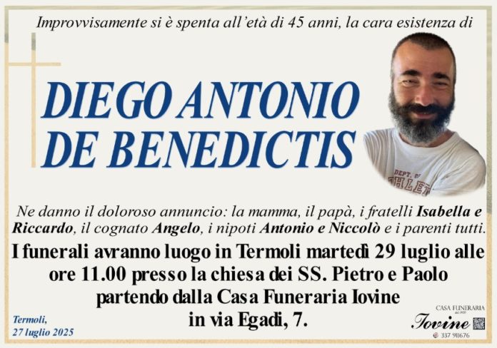 Martedì l’ultimo saluto a Diego, stroncato da un malore durante la partita di calcetto