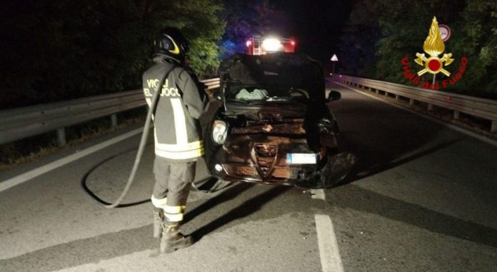 Incidente nella notte, auto investe un cinghiale: paura per fuga di gas dal veicolo