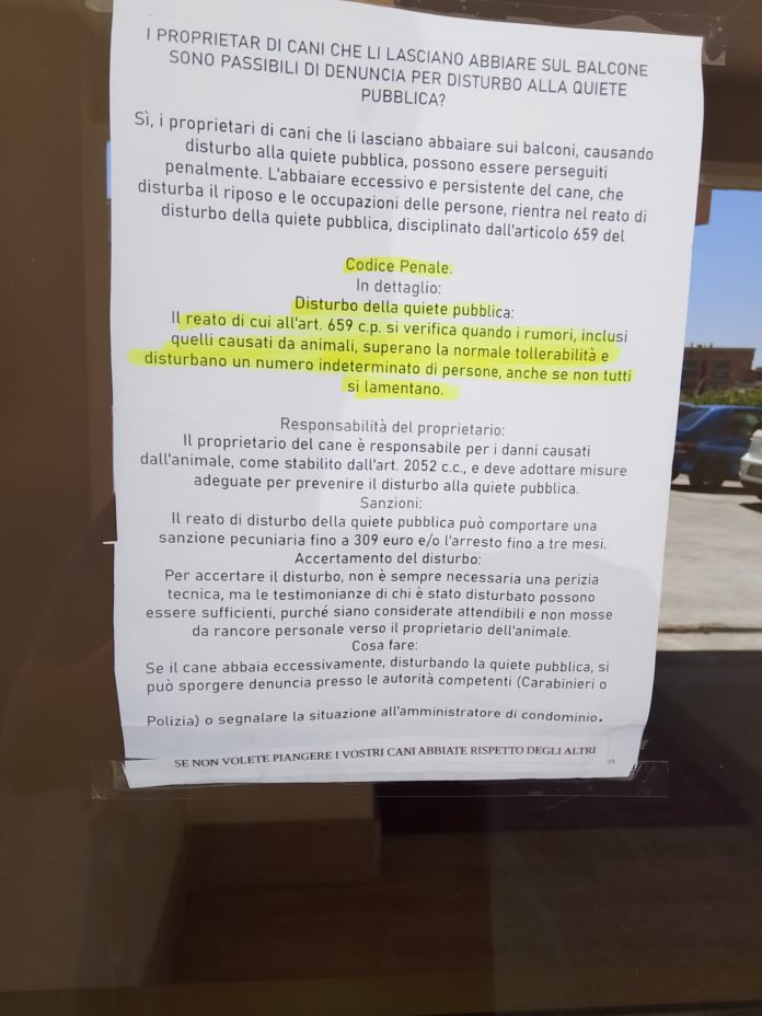 Volantino shock in un condominio di Campobasso: “Se non volete piangere i vostri cani non li fate abbaiare”