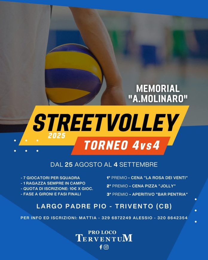 Memorial “Alessandro Molinaro”, al via il torneo 4 vs 4 di streetvolley della Pro loco Terventum