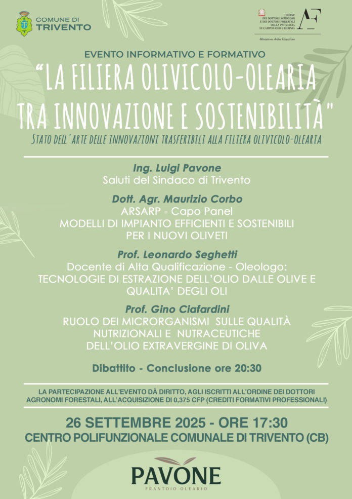 Convegno a Trivento con tema “La Filiera Olivicolo-Olearia tra innovazione e sostenibilità – Stato dell’arte delle innovazioni trasferibili alla filiera olivicolo-olearia”