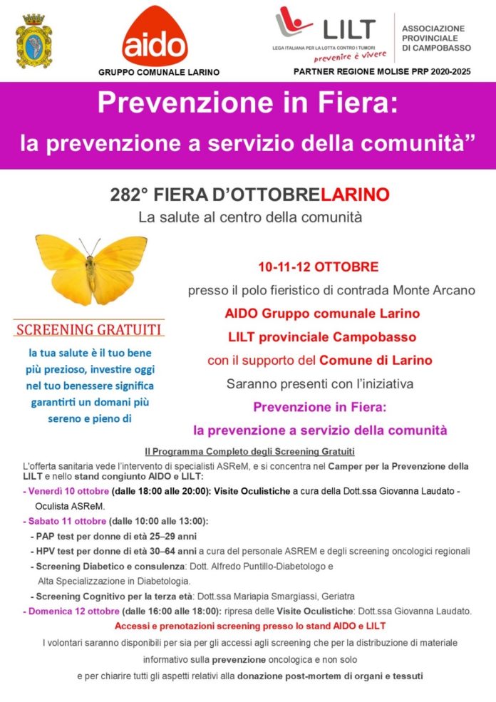 Salute e solidarietà: AIDO, LILT e comune di Larino portano la prevenzione gratuita alla 282ª Fiera d’Ottobre