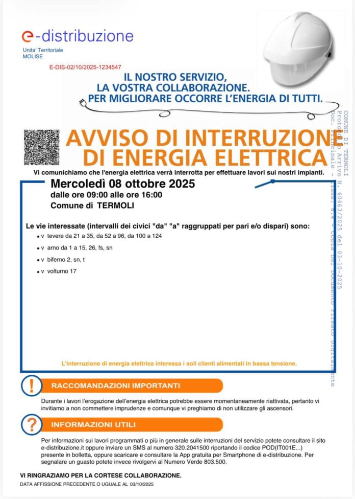 Termoli: avviso interruzione energia elettrica per domani