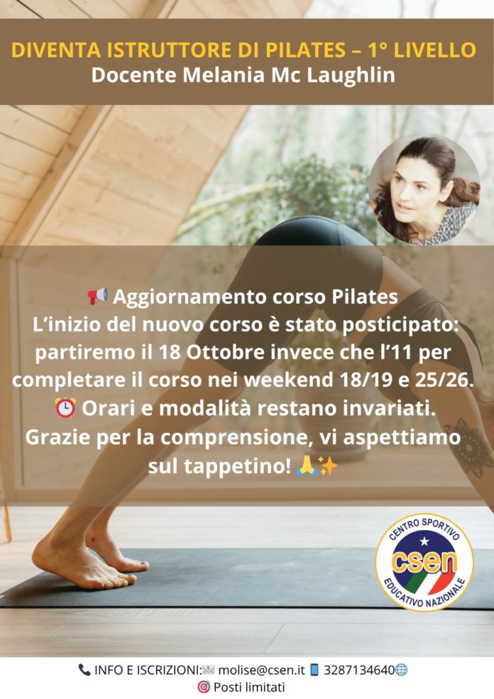 Pilates, posticipato di una settimana il corso a Campobasso con Melania Mc Laughlin