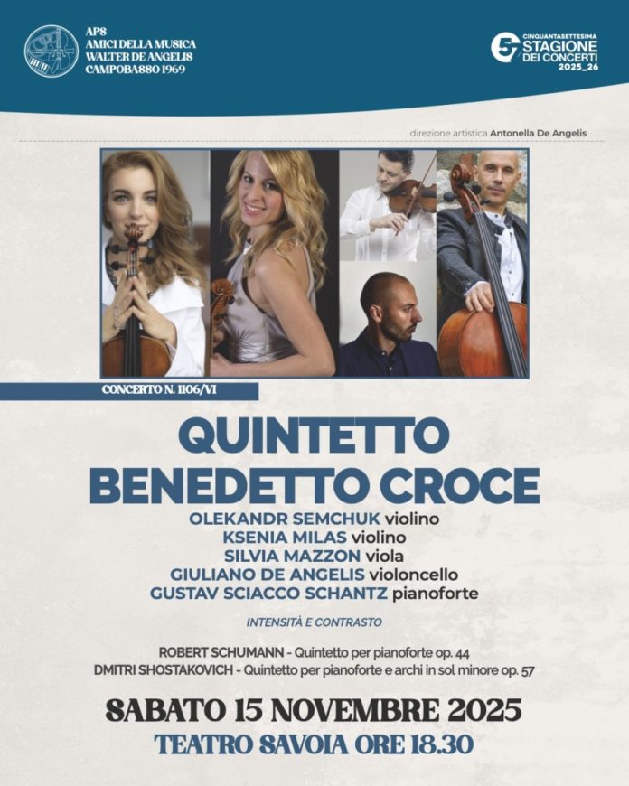 Il Quintetto Benedetto Croce sabato 15 novembre al teatro Savoia di Campobasso