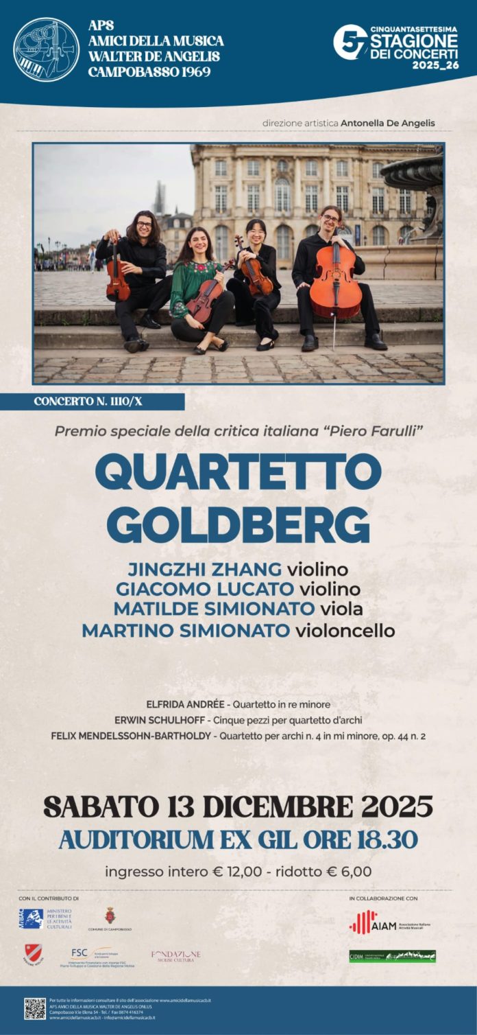 Amici della Musica, Quartetto Goldberg il 13 dicembre a Campobasso