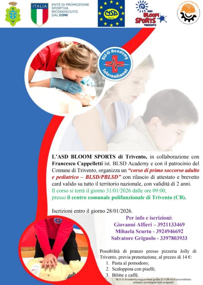 Primo soccorso adulto e pediatrico BLSD/PBLSD a Trivento, aperte le iscrizioni