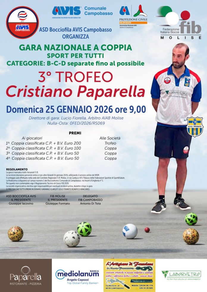 Bocce, tutto pronto per il memorial “Cristiano Paparella”. Oltre 200 atleti