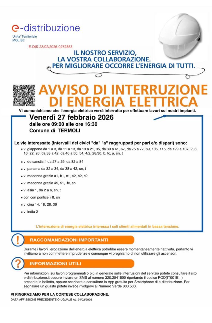 Termoli: interruzione dell’energia elettrica in alcuni quartieri