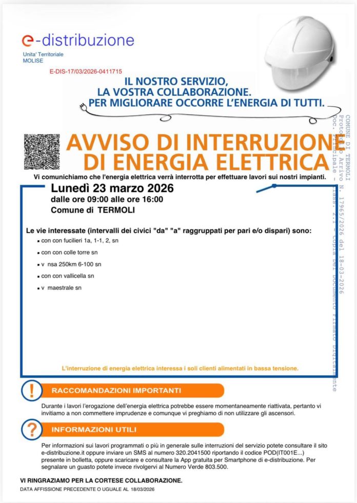 Termoli: lunedì, interruzione energia elettrica in alcuni quartieri
