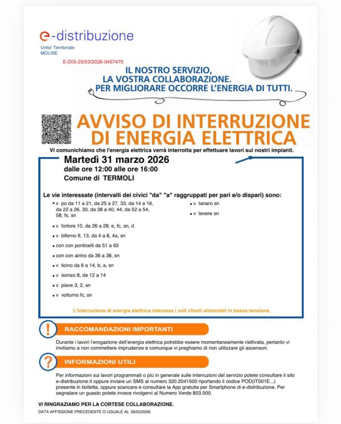 Termoli: interruzione energia elettrica in alcuni quartieri della città