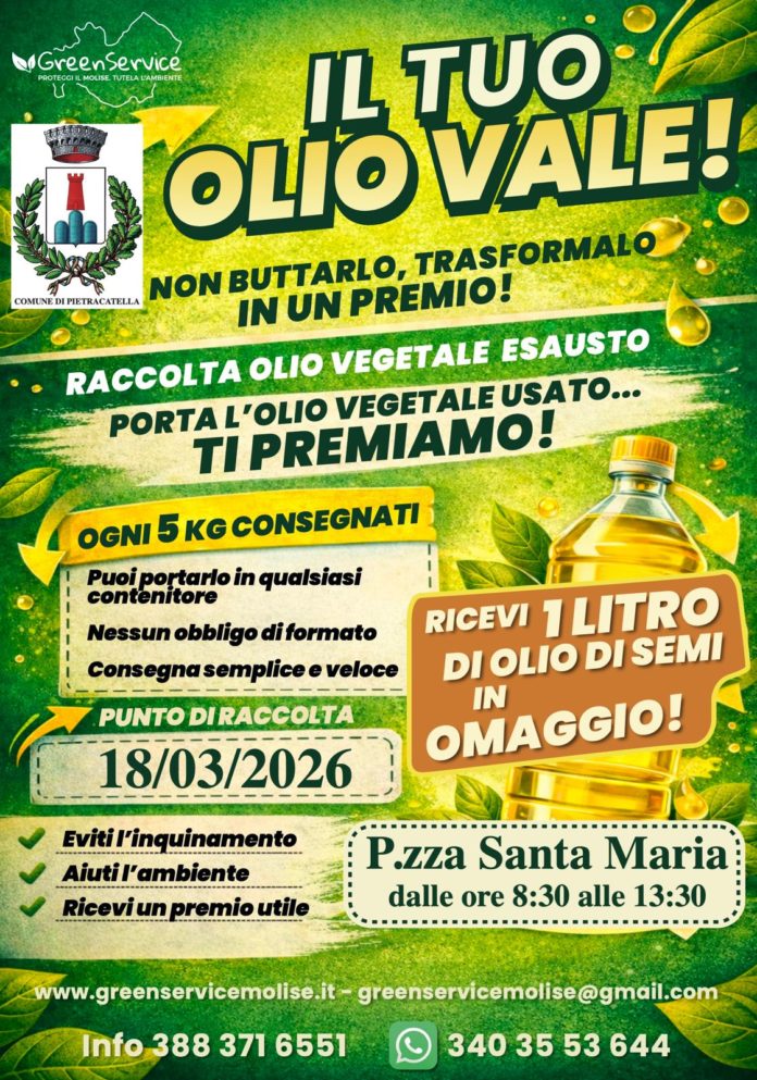 A Pietracatella giornata dedicata al riciclo dell’olio vegetale usato