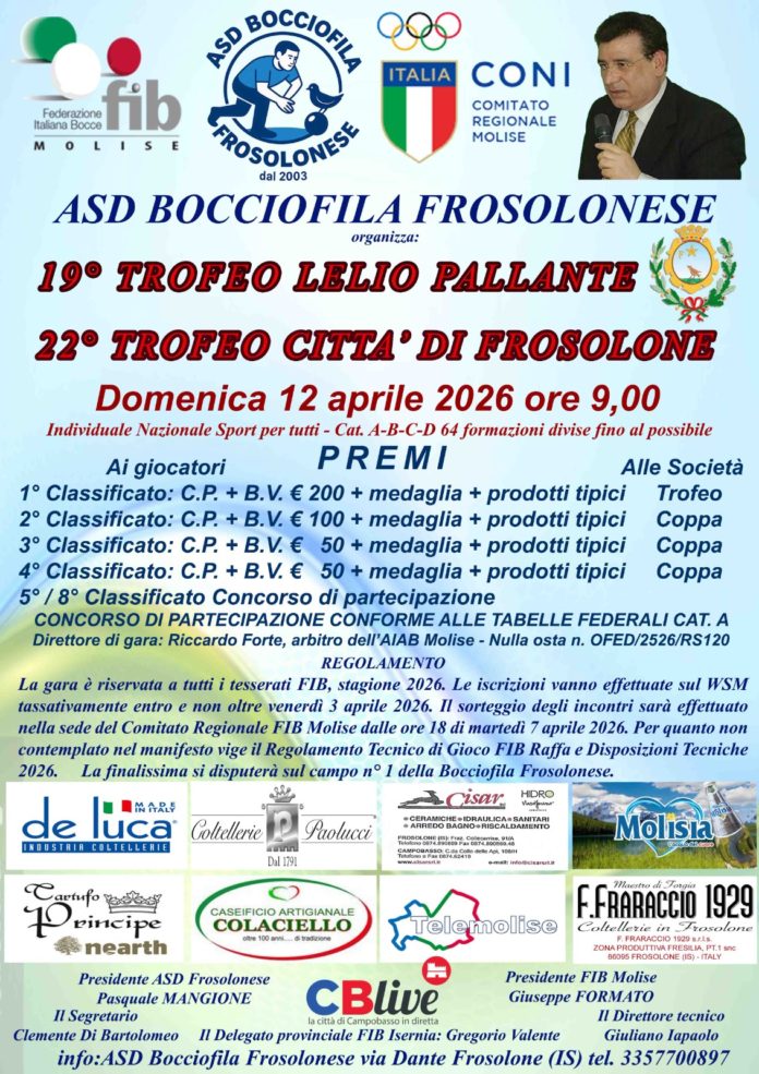 Bocce, a Frosolone 220 atleti per il Trofeo Lelio Pallante