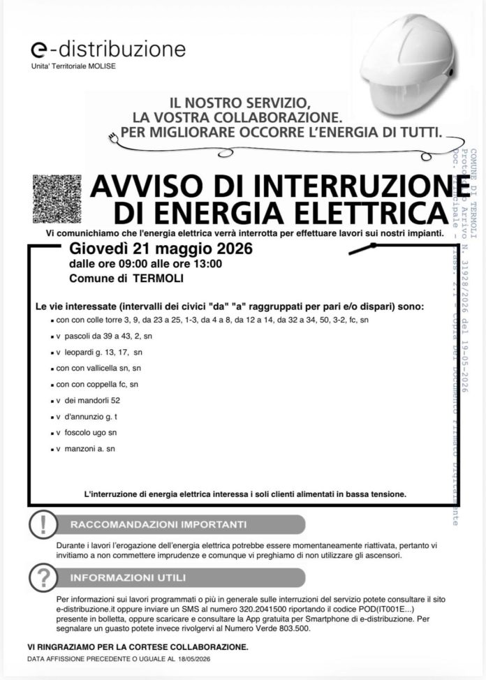 Termoli: interruzione dell’energia elettrica a Colle della Torre