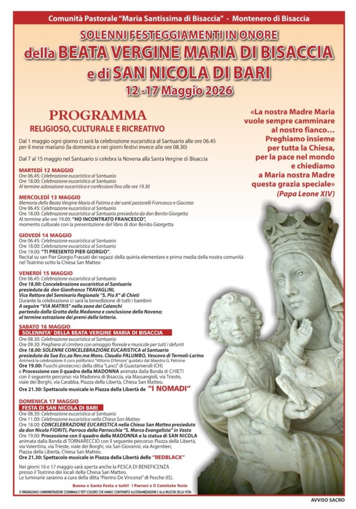 Montenero: festa della Madonna della Bisaccia. Gli eventi in programma
