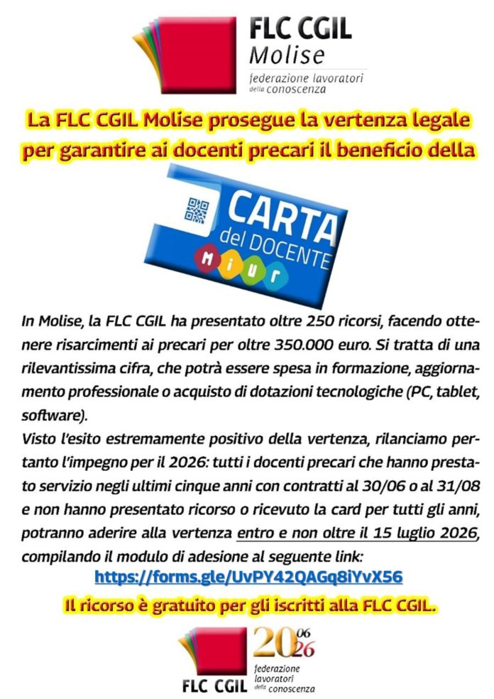 Card docente: FLC CGIL Molise avvia ricorsi per oltre 250 docenti