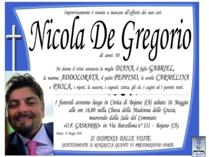 Omicidio Bojano: eseguita autopsia, fissati i funerali di Nicola De Gregorio