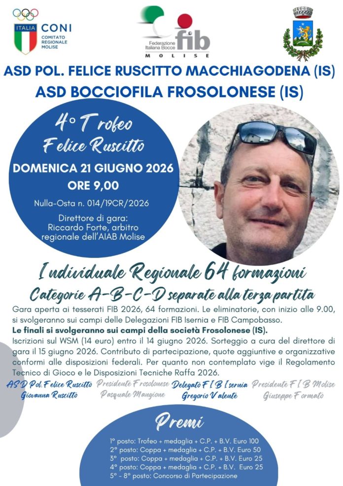 Bocce, a Frosolone il 4° Trofeo Felice Ruscitto: 75 atleti in gara