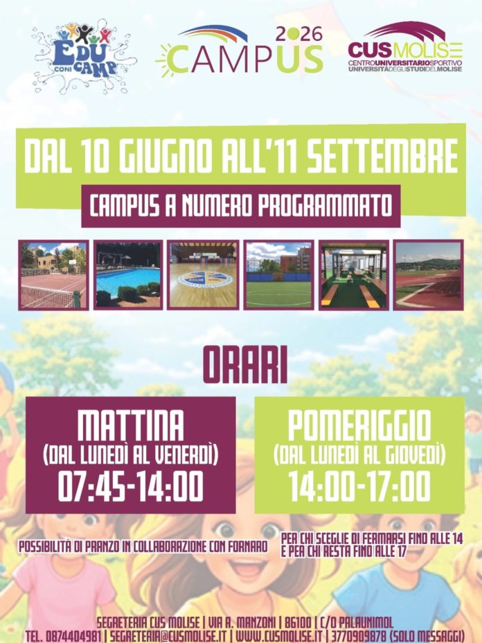 Cus Molise, campus estivo in rampa di lancio. Tante attività in programma