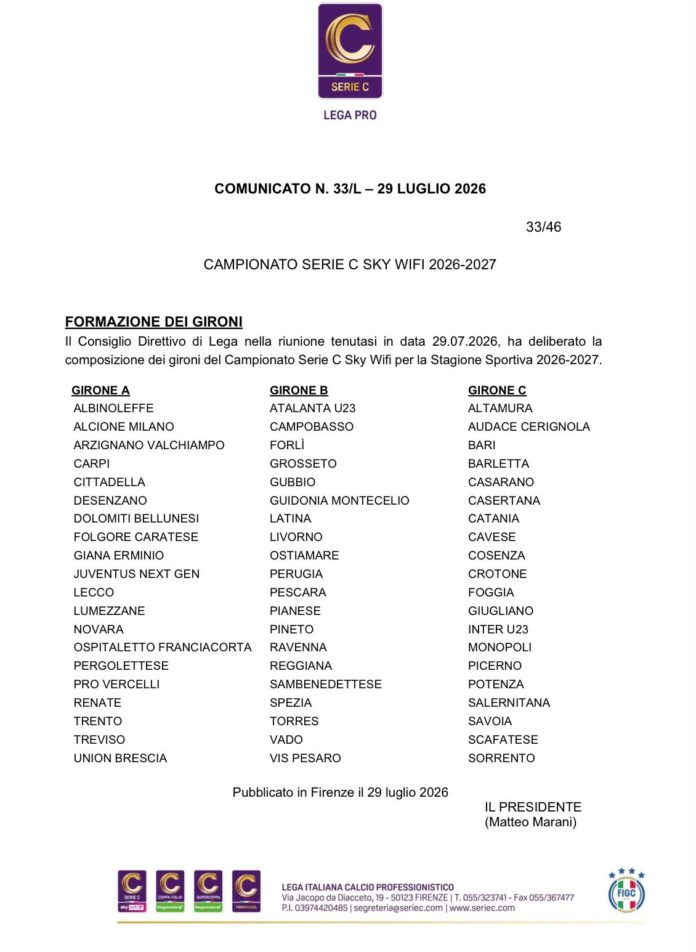 Serie C, ufficiali i gironi della stagione 26-27. Campobasso ancora nel B