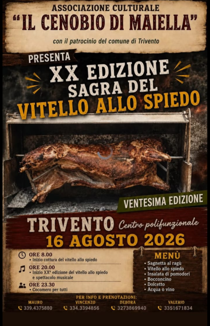Trivento, torna la sagra del vitello allo spiedo con il Cenobio di Maiella