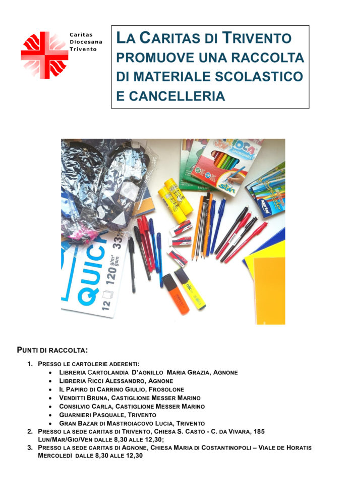 La Caritas di Trivento promuove una raccolta di materiale scolastico