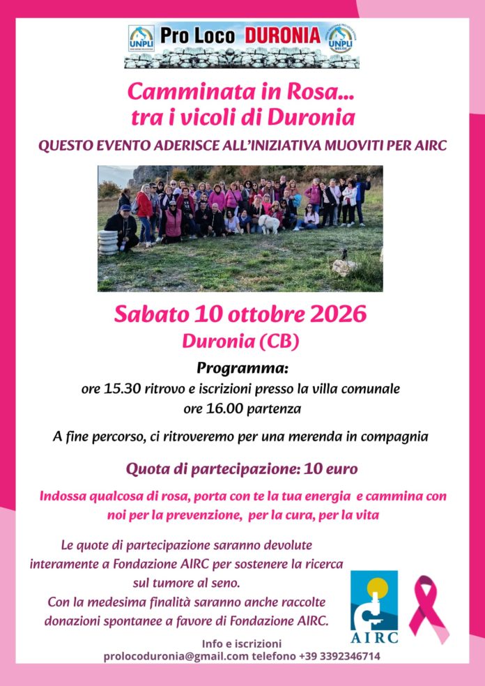 Prevenzione, la Pro Loco Duronia organizza la Camminata in Rosa